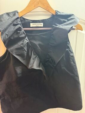 Amanda Uprichard Black Ruffle V-Neck Sleeveless Top